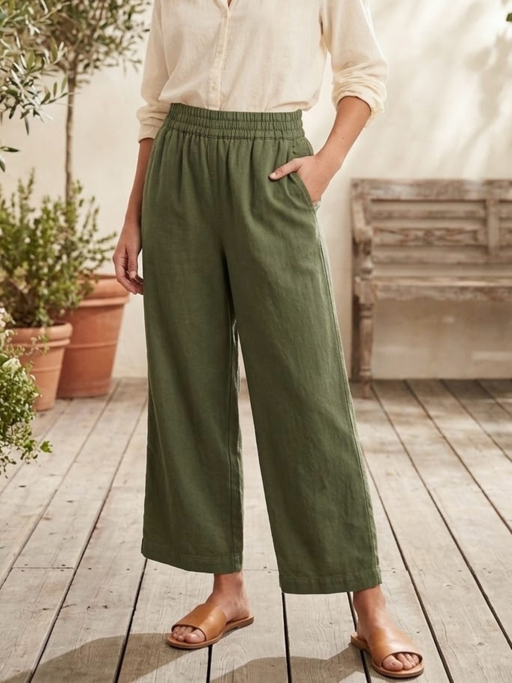 Old Navy Women’s Linen Blend Wide Leg Pants comfort waist Green High Rise Size M